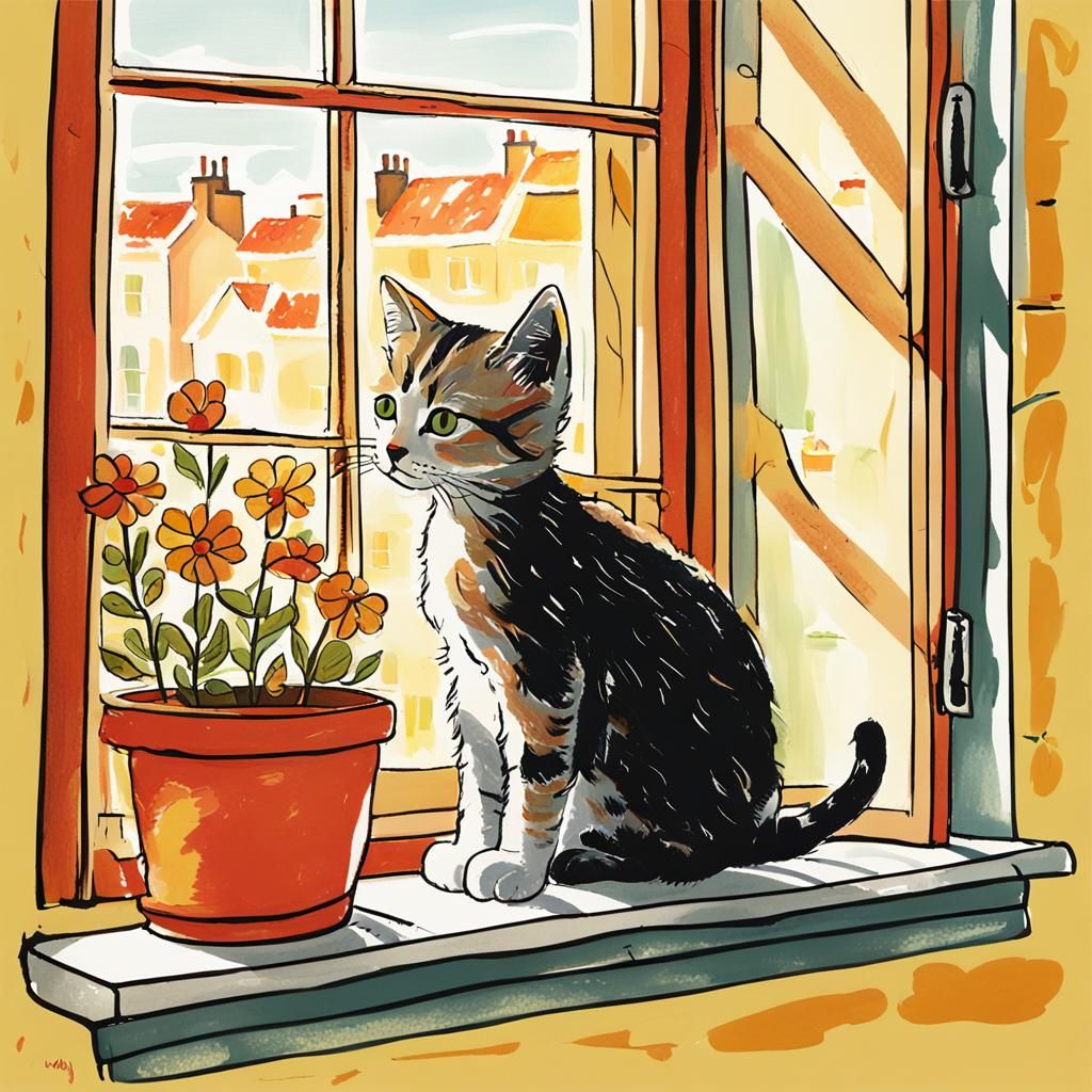 Kitten Enjoying Sunshine, Folk Art Style