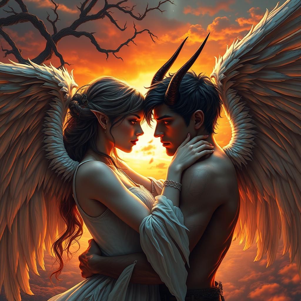Passionate Angel and Devil Embrace in Matte Painting