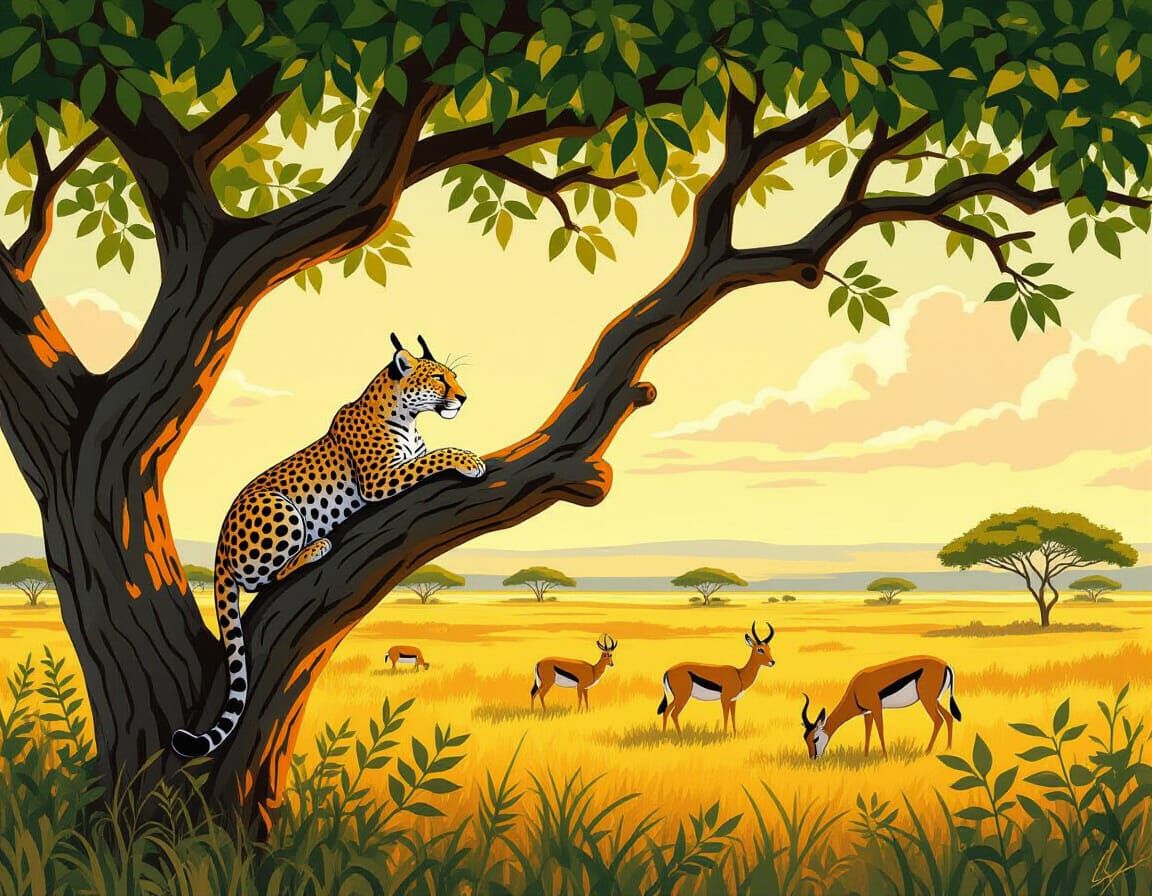 Leopard Watches Springboks in Savanna, Golden Sunlight