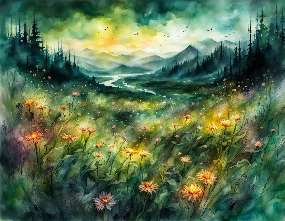 Eerie Flower Meadow in Dark Fantasy Watercolor Art