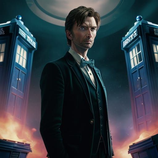 David Tennant as the 10th Doctor wearing a bow tie standing in front of the TARDIS