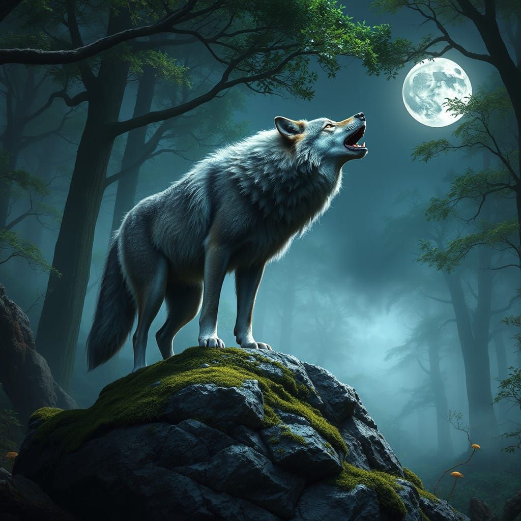Gray Wolf Under Full Moon in Hyperrealistic Moonlit Forest S...