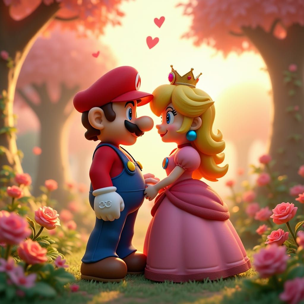 Mario and Peach in Whimsical Mushroom Kingdom Romance