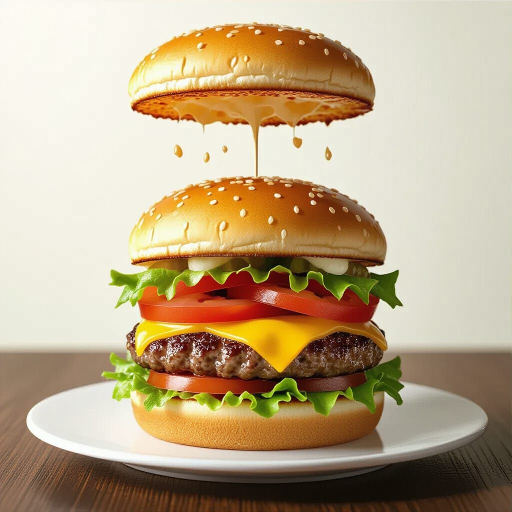 Hyperrealistic Burger Falling onto Plate