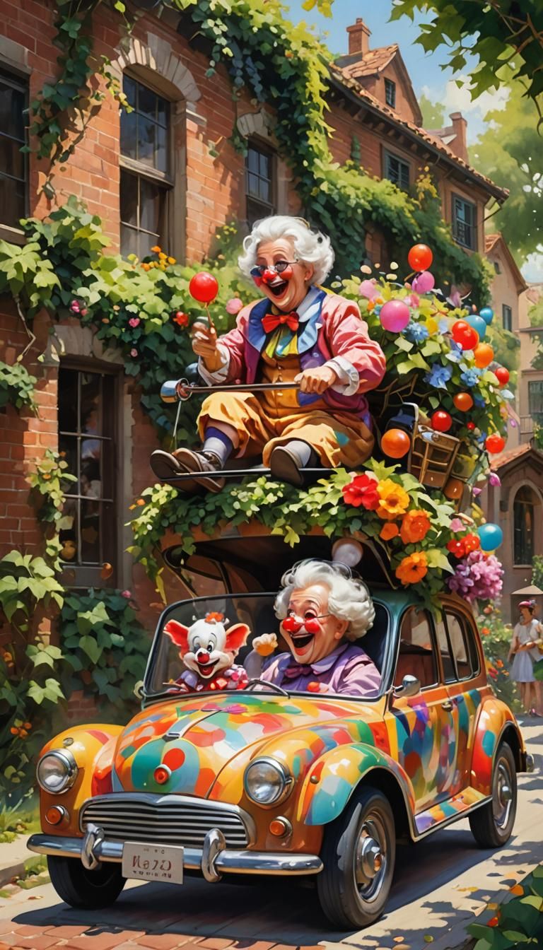 Joyful Grandmothers Escape Clown Car: A Romantic Exuberance