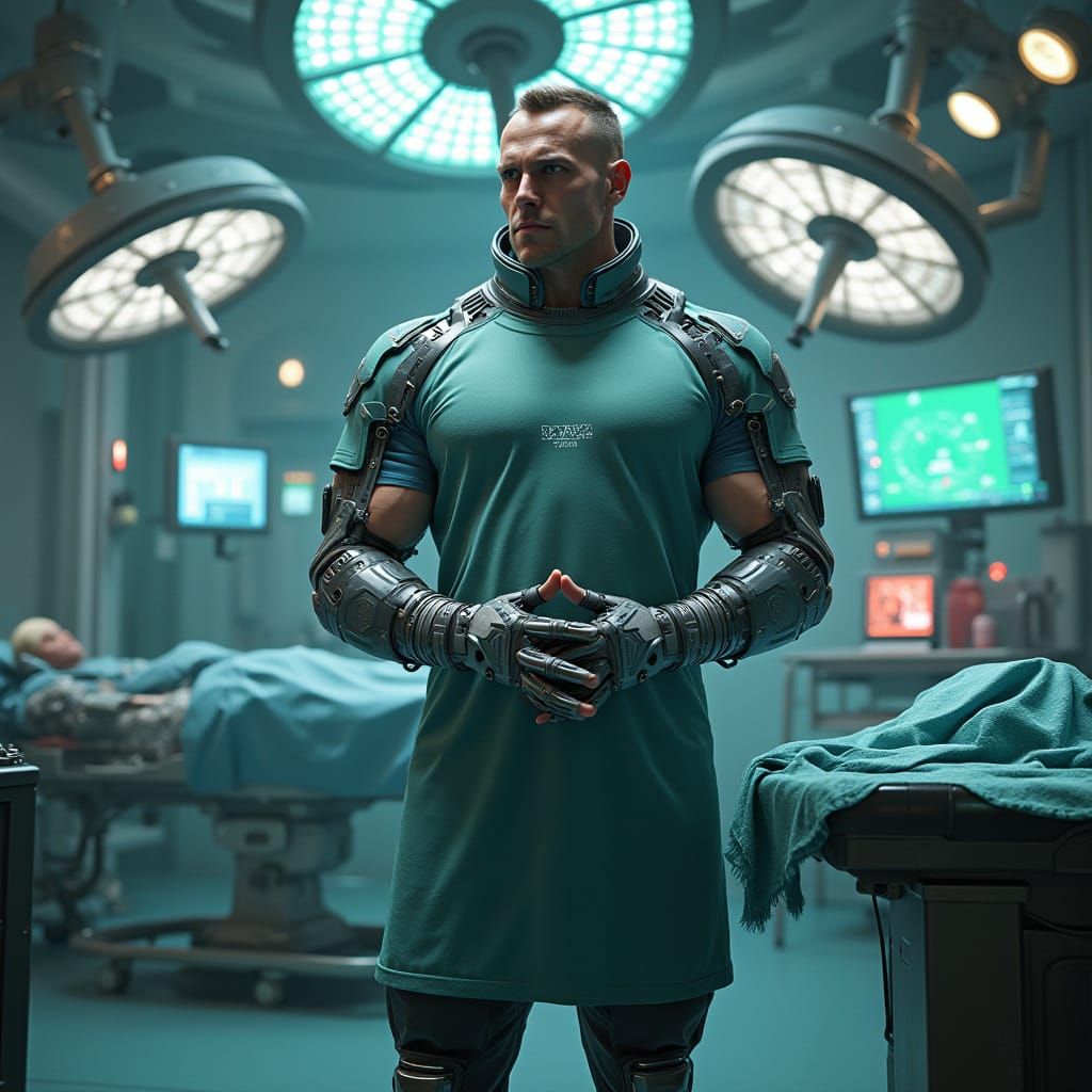 Cyborg Surgeon in Futuristic Operating Room