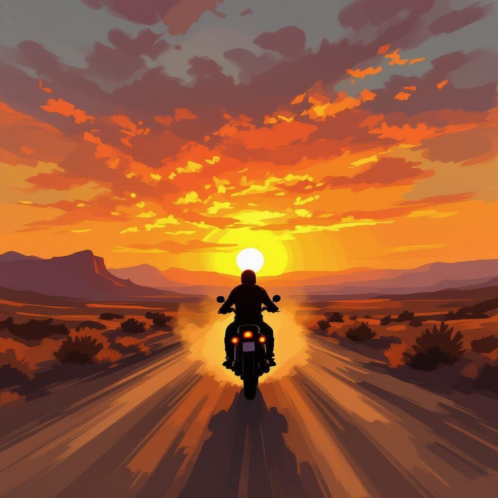 Motorcyclist Silhouetted Against Fiery Sunset