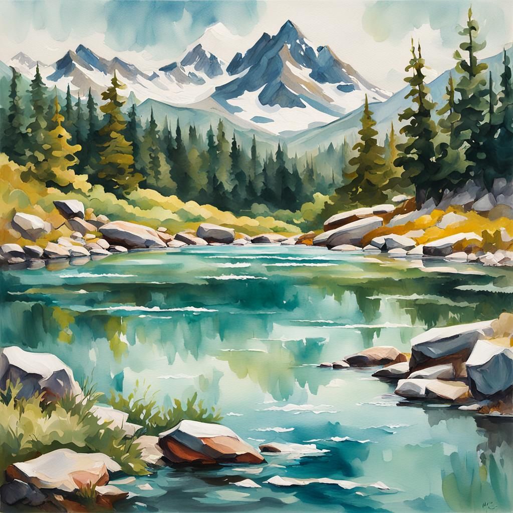 Glacial Lake with Trout in Gouache Style