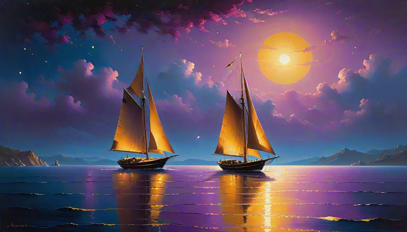 Sailboat at Sea Under Starry Violet Sky