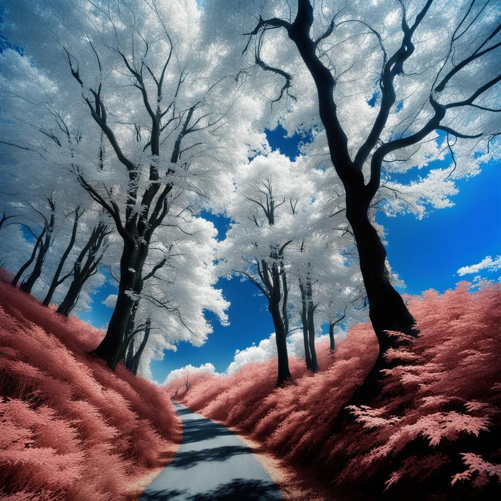 Infrared Forest Path Under Bright Sunlight