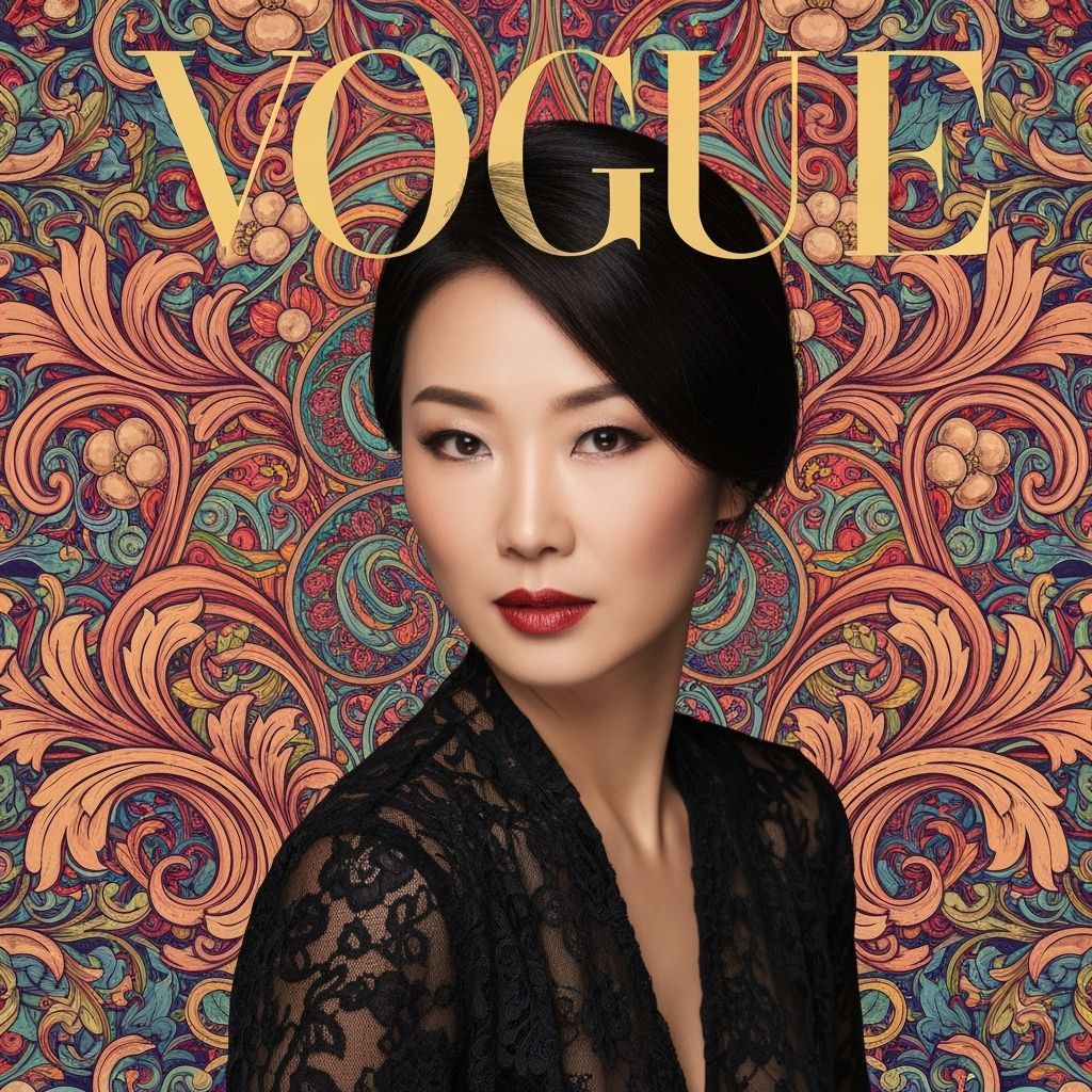 Elegant Asian Model on Vogue Cover in Digital Art Style