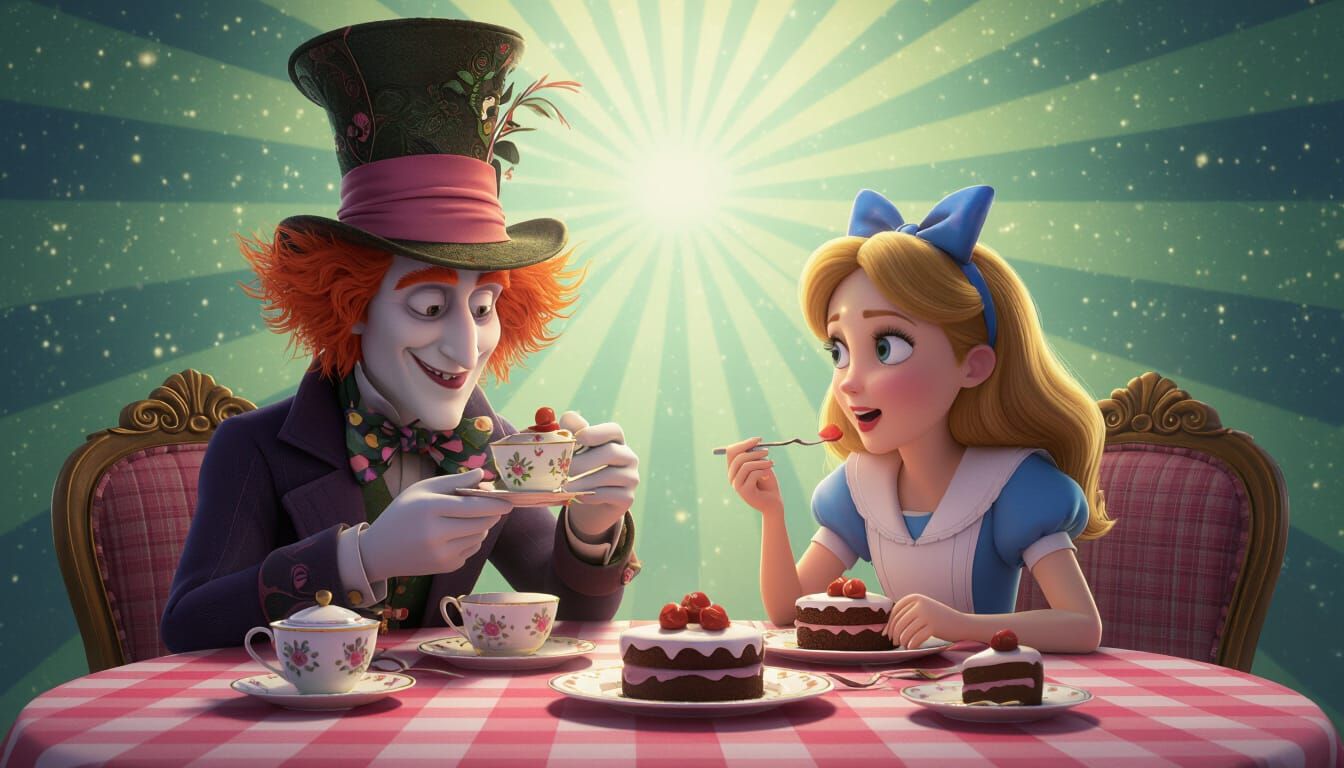 Alice and Mad Hatter Tea Party: Pixar-Style 3D Art