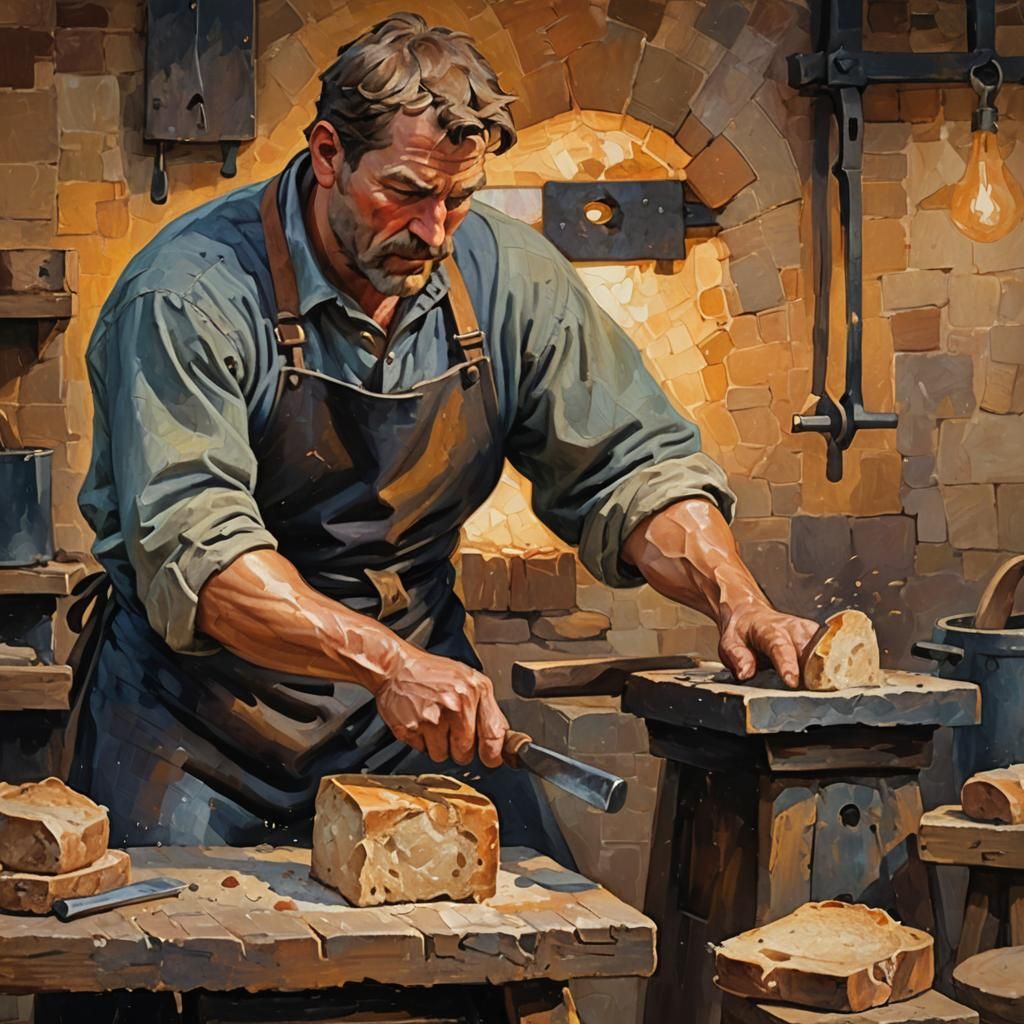 Blacksmith Shapes Bread: Neo-Impressionist Impasto Painting