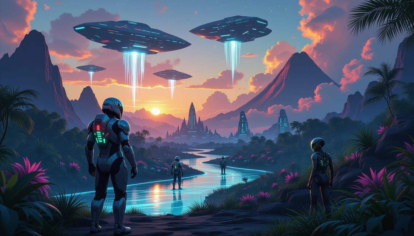 Futuristic Explorers Discover Alien Jungle