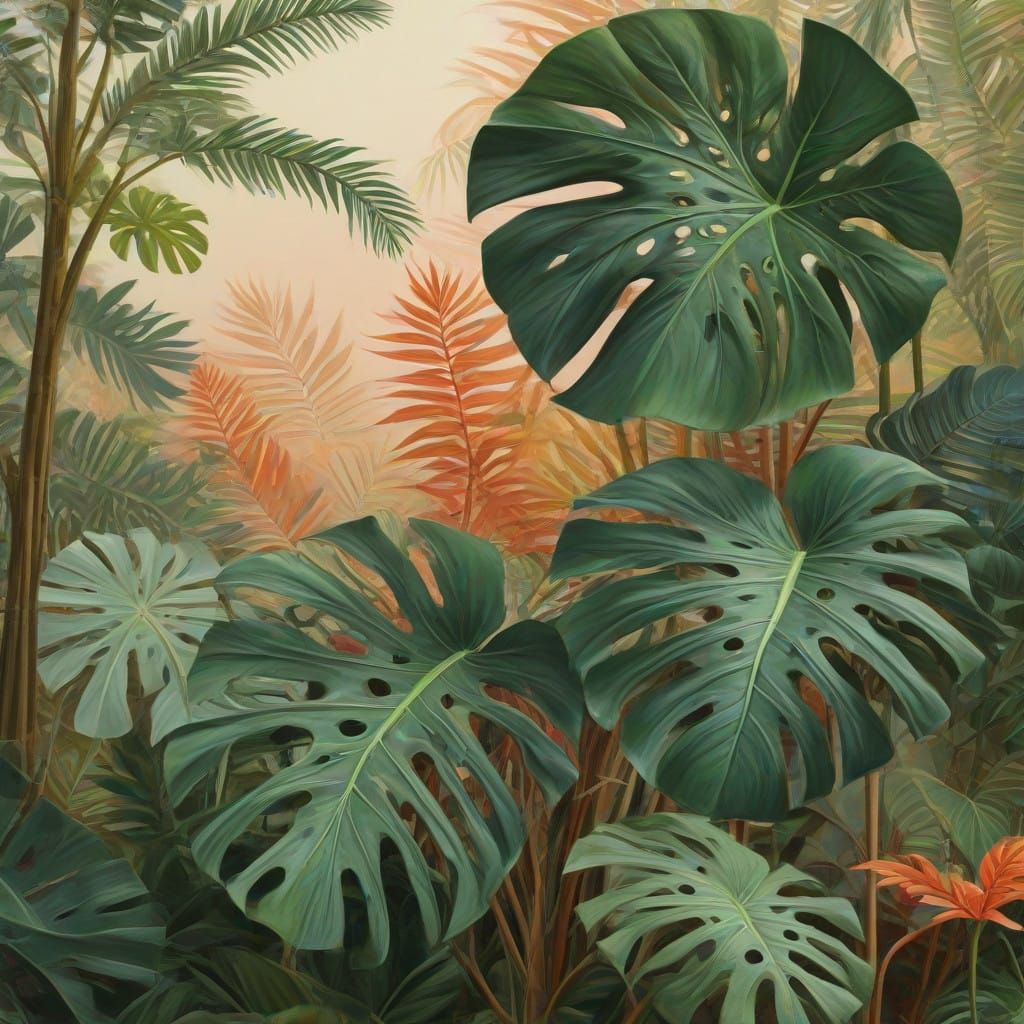 Vibrant Monstera Botanical Illustration in Tropical Style