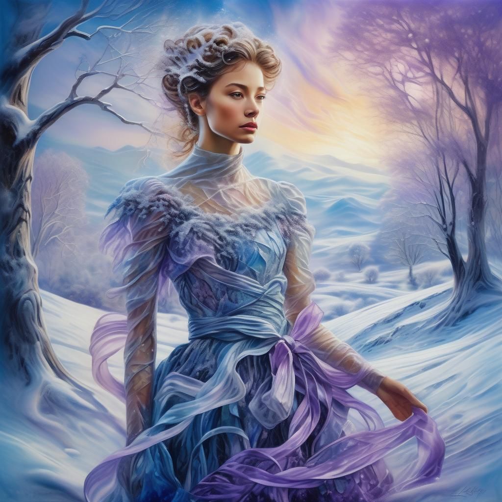 Woman Dissolving Into Winter Landscape: Fantasy Art