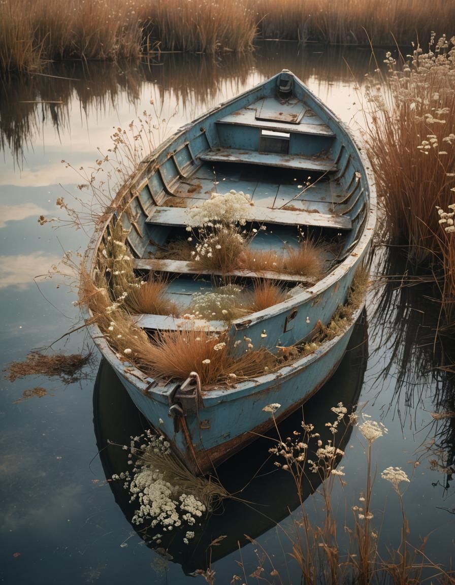 Dreamy Blue Boat with Dried Flowers at Dawn