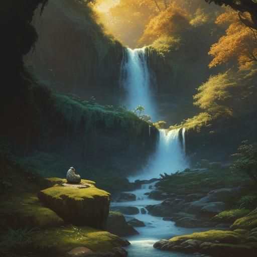 Caveman by Riverbank in Vivid Oil Painting Style