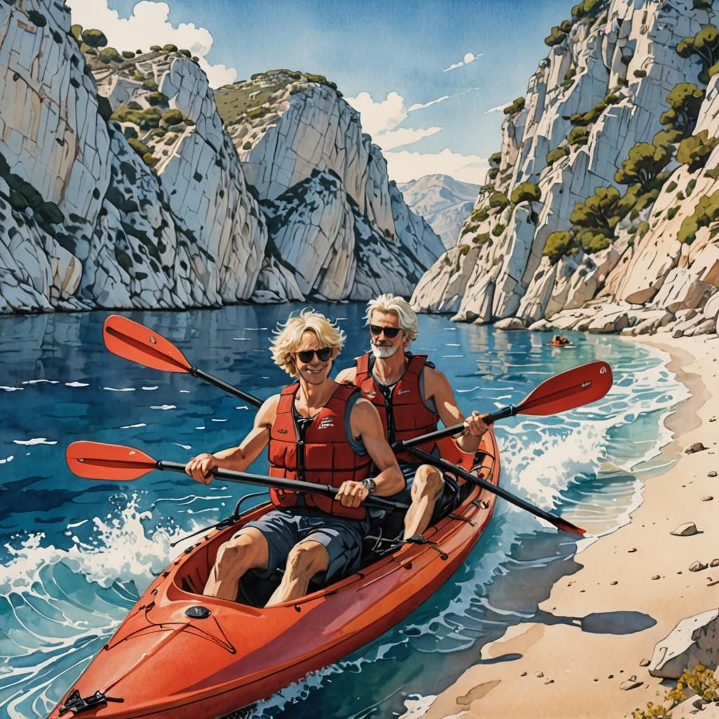 Father and Son Kayaking, Bande Dessinée Style