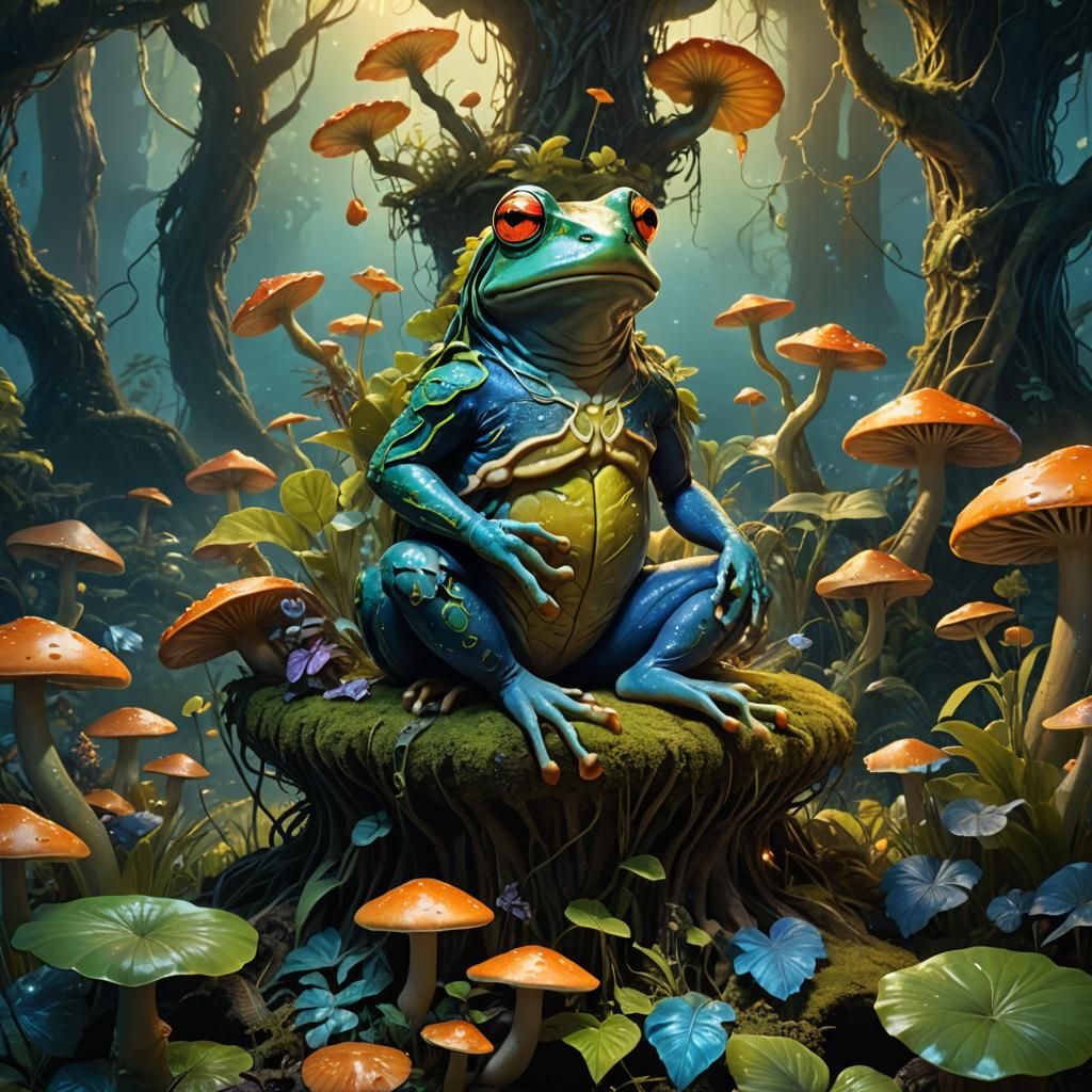 Frog-Human Hybrid on Mushroom Throne