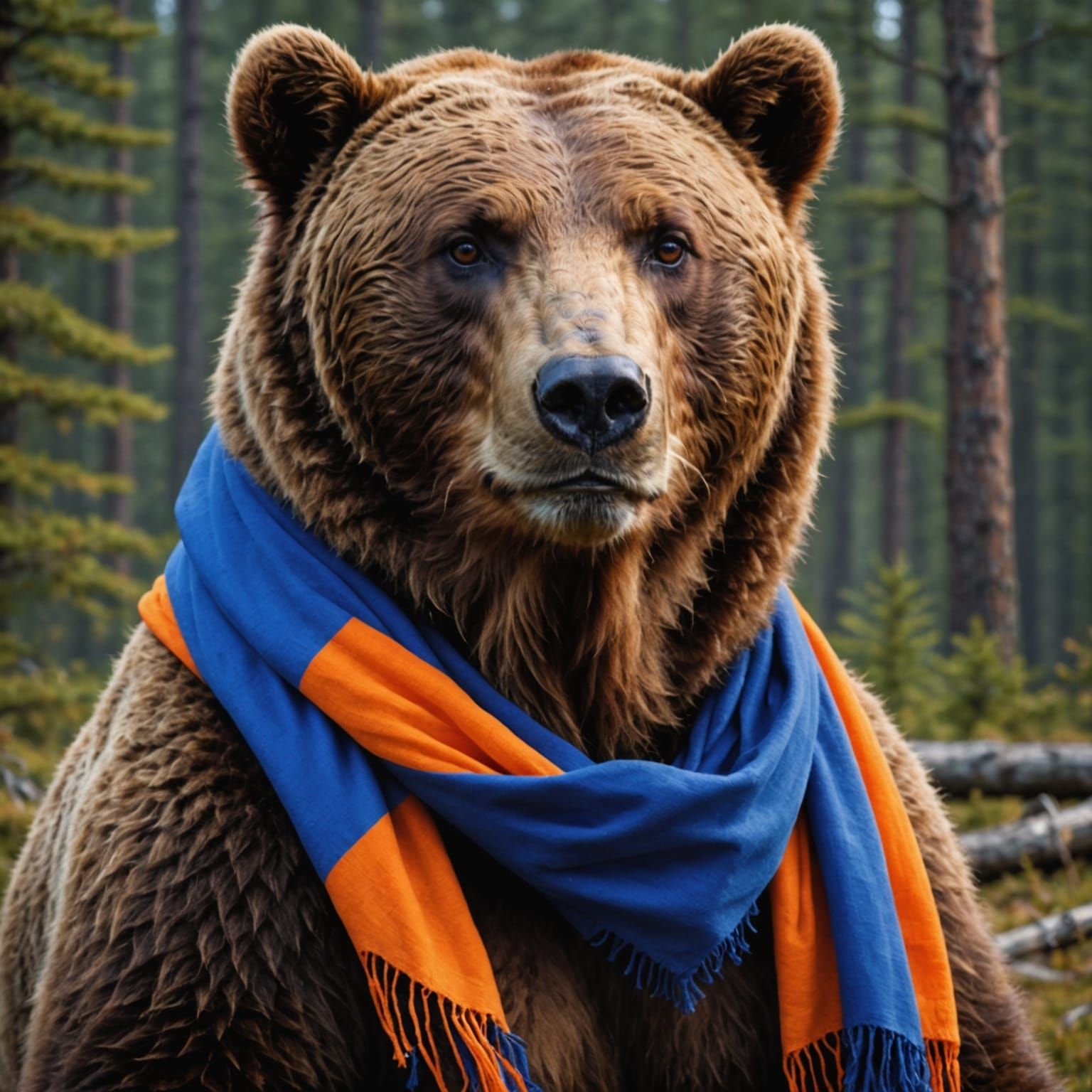 Majestic Brown Bear with Neon Scarf: Photorealistic