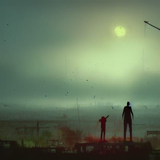 Post-Apocalyptic Family in Colorful Wasteland Landscape