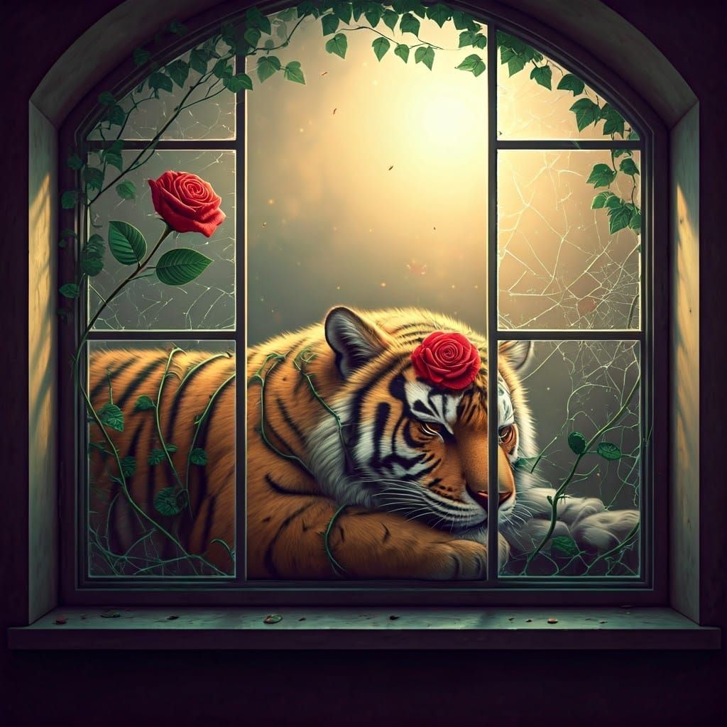 Whimsical Rose Vines Surround a Sleeping Tiger in a Dreamlik...