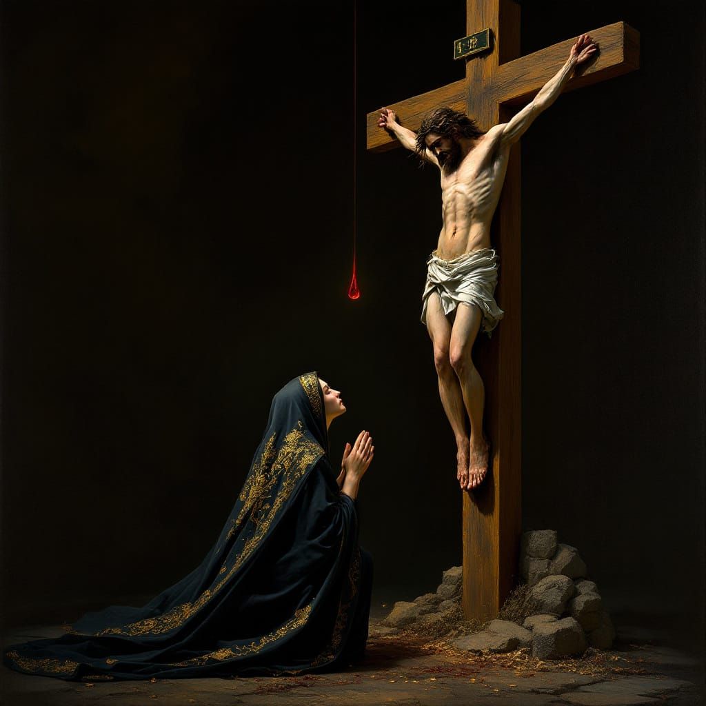Woman Kneeling Before Jesus Christ on Cross