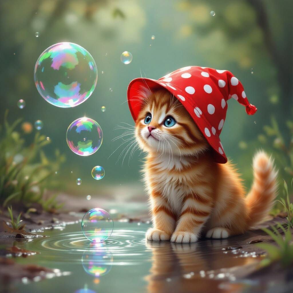 Fluffy Kitten in Rain Hat Chasing Soap Bubbles