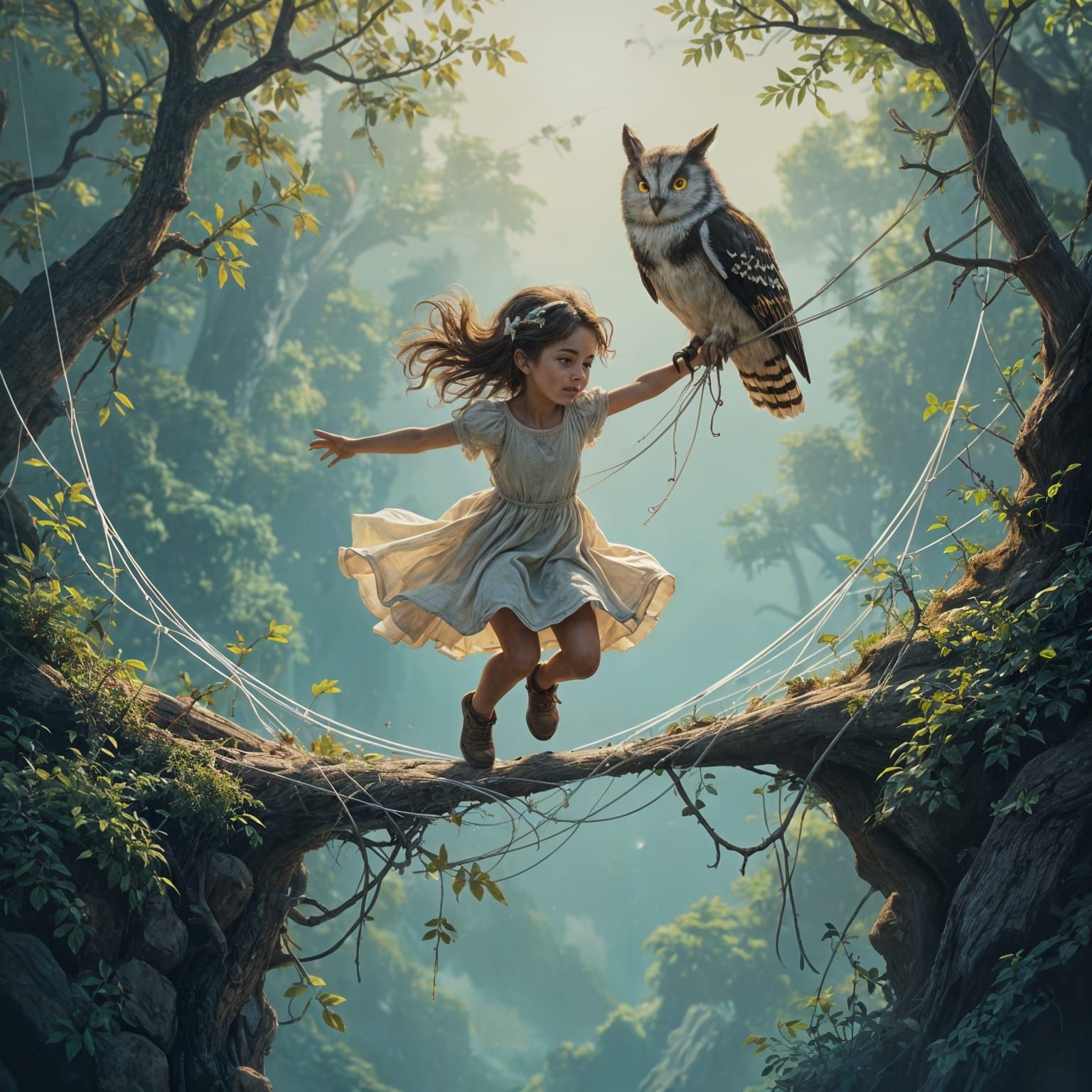 Girl Leaps Over Chasm on Spiderweb Bridge with Owl
