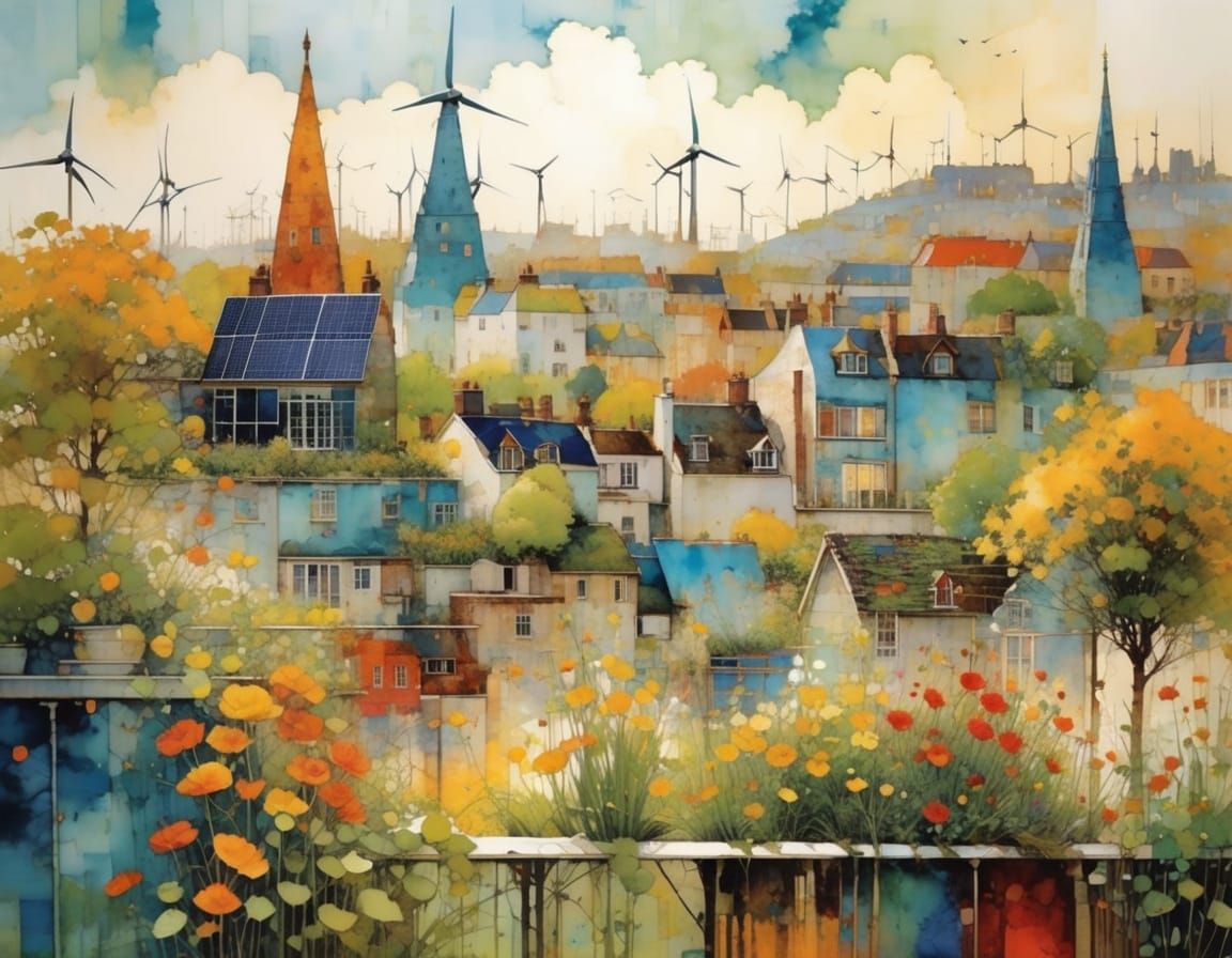 Surreal Solarpunk Cityscape in Vibrant Encaustic Style