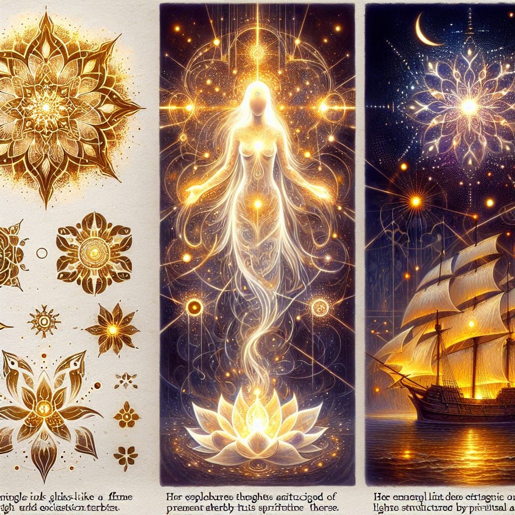 Golden Lotus Mandala with Light Woman and Fire Ship
