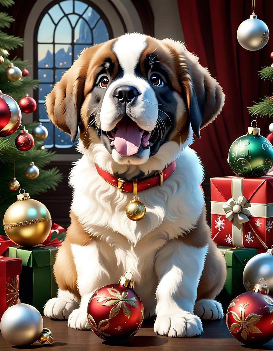 Saint Bernard Puppy's Christmas Ornament Adventure as Art No...