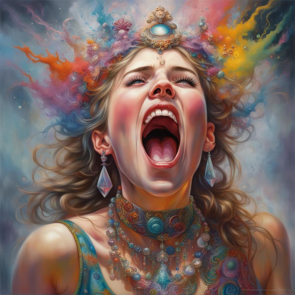 Hyperrealistic Portrait of Screaming Girl in Ethereal Mist