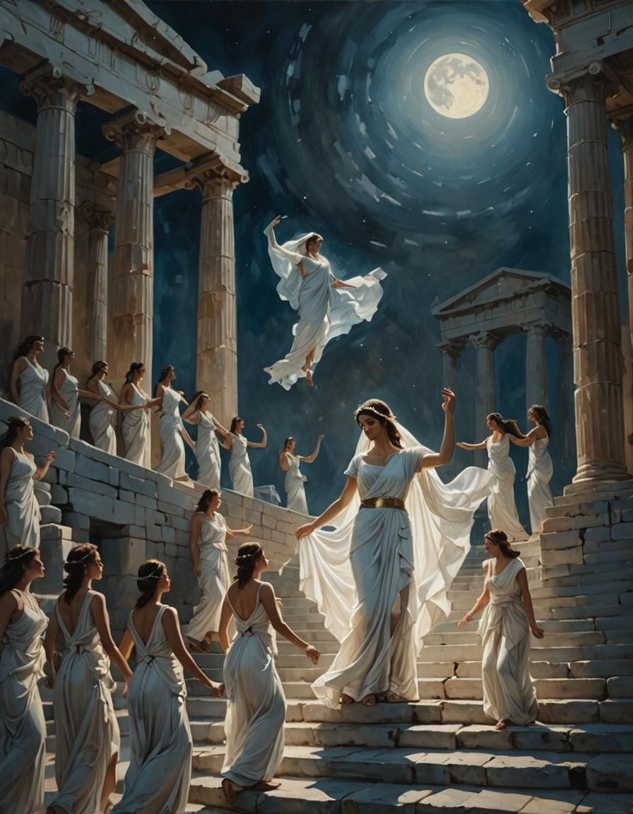 Ethereal Greek Temple Dance in Moonlight