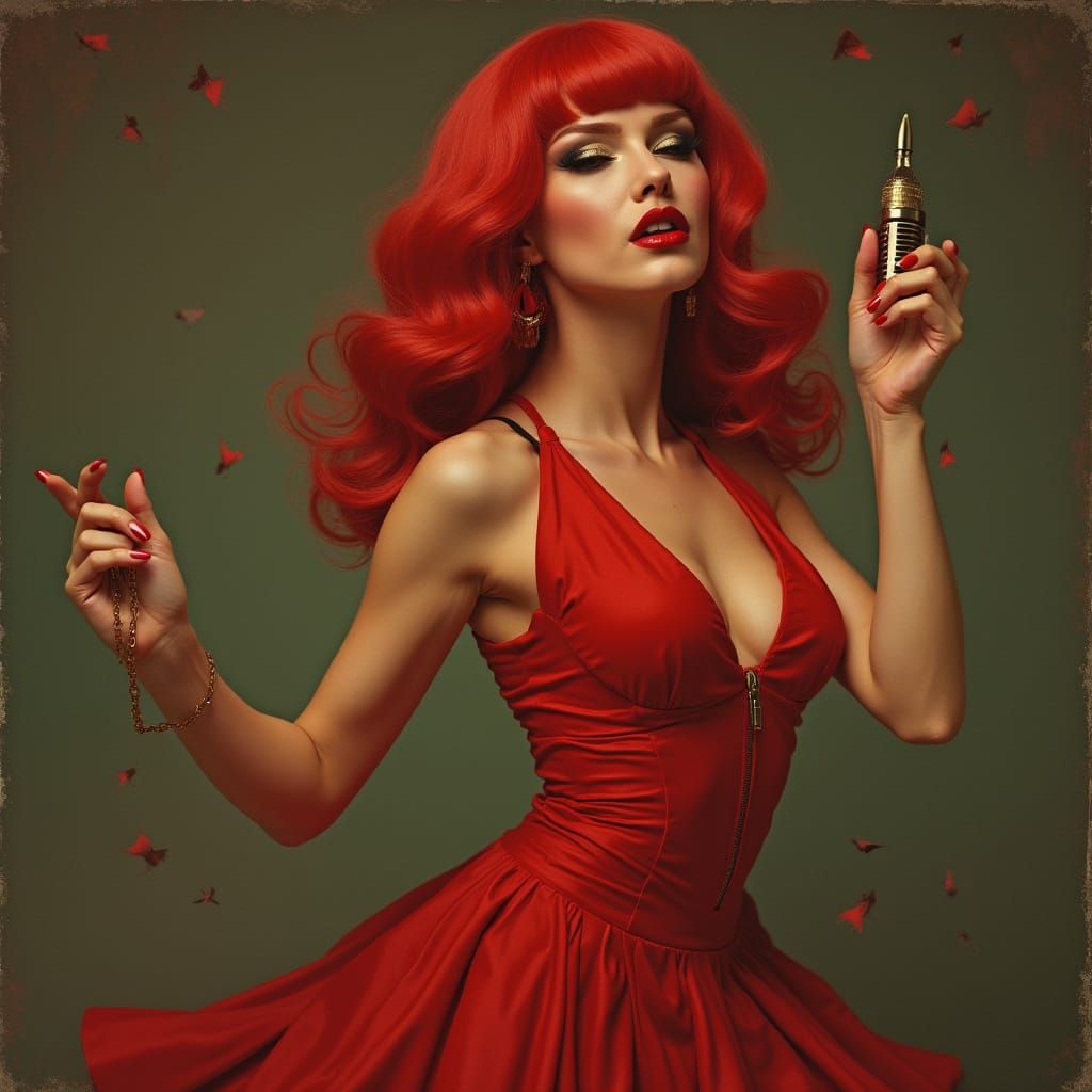 Hot Wire Mama in Red Dress, Photorealistic