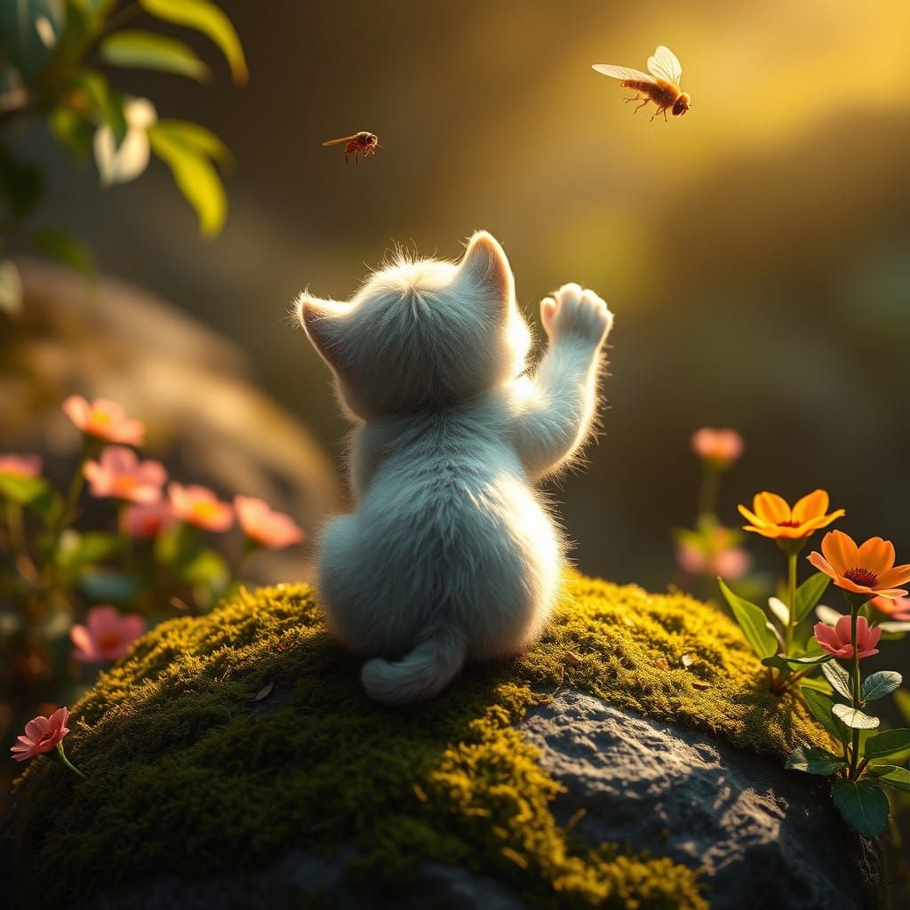 Fantastical Kitten Swipes at Fly in Dreamlike Landscape