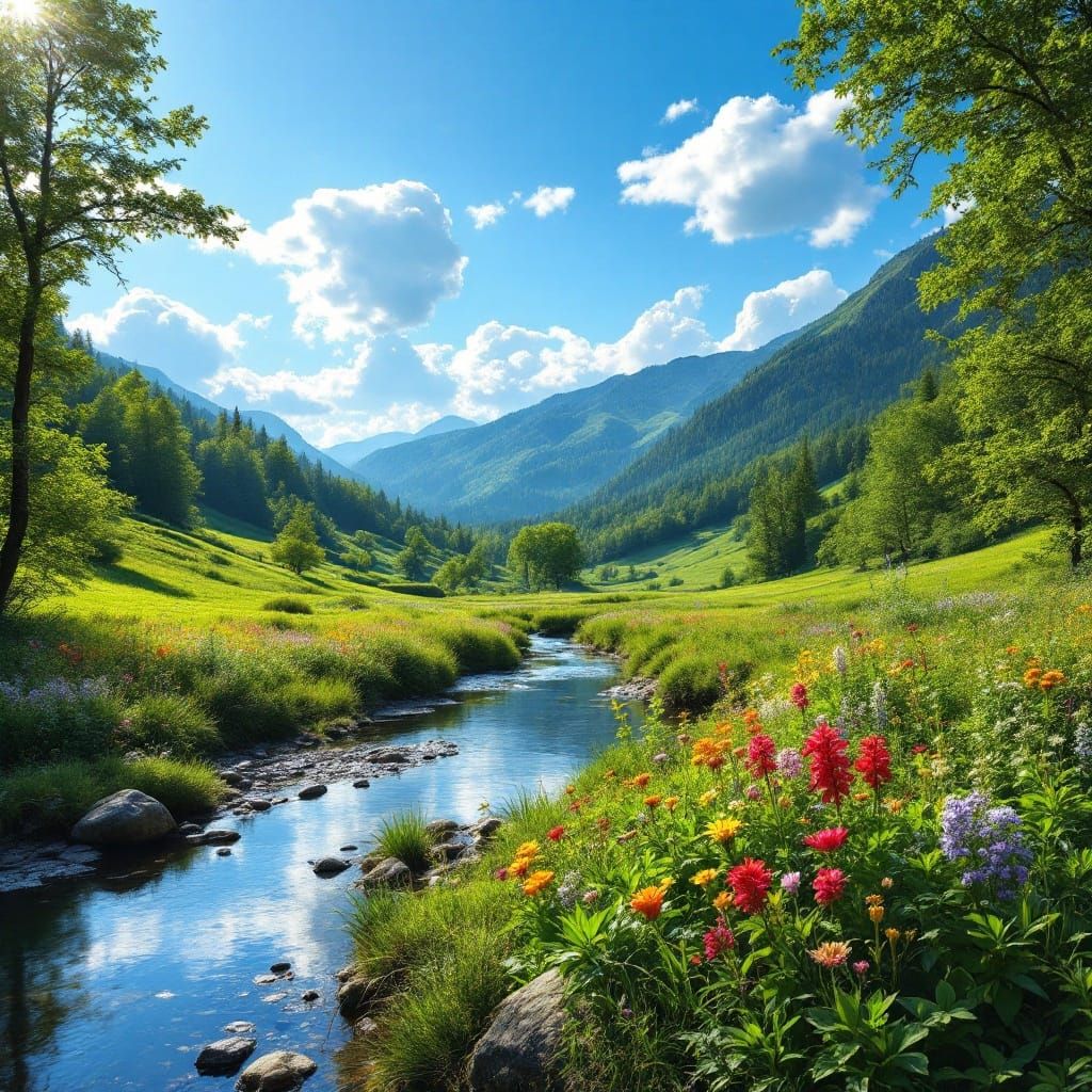 Lush Green Landscape with Vibrant Wildflowers