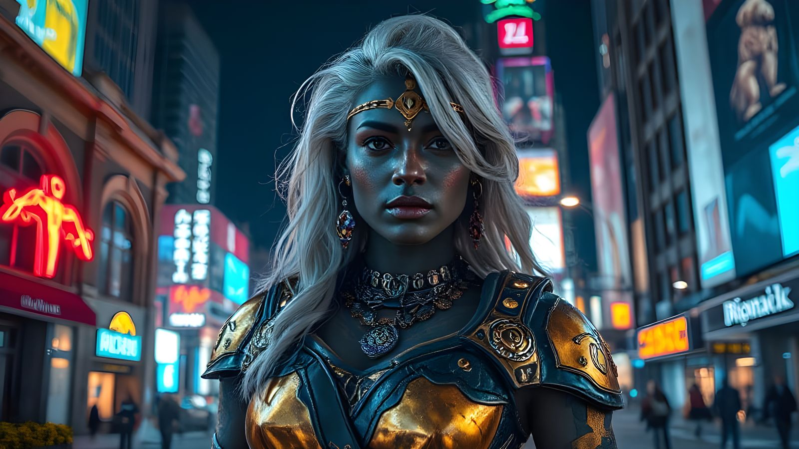 Futuristic Goddess in Neon-Lit Cityscape