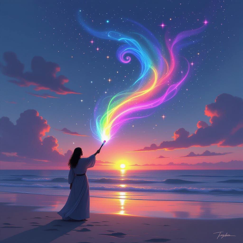 Artist Creates Vivid Sunset on Grayscale Beach