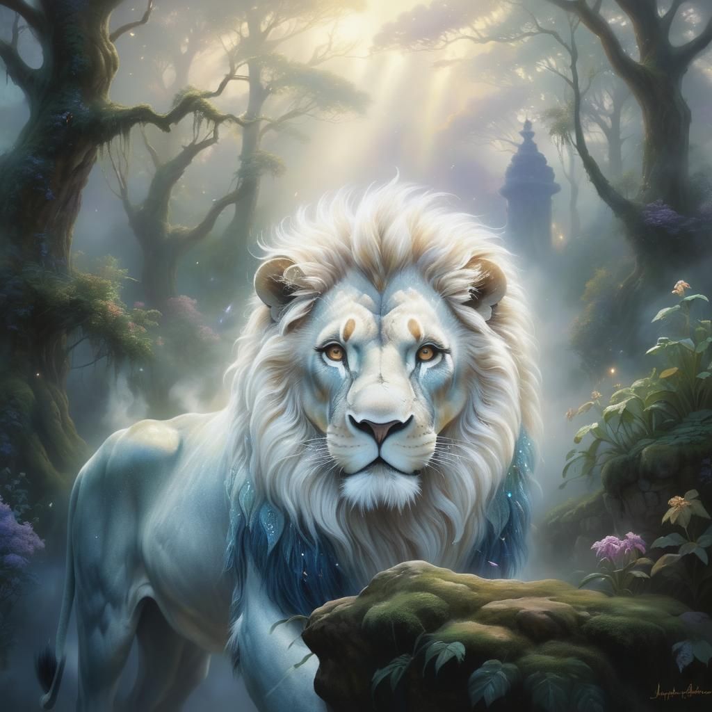 Magical Lion in Ethereal Fantasy Landscape