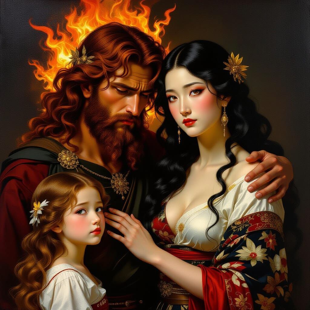 Caravaggio-Inspired Oil Painting of Kairos, Amaterasu, and A...