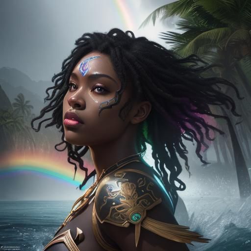 Hyperrealistic Island of Black Amazons with Rainbows