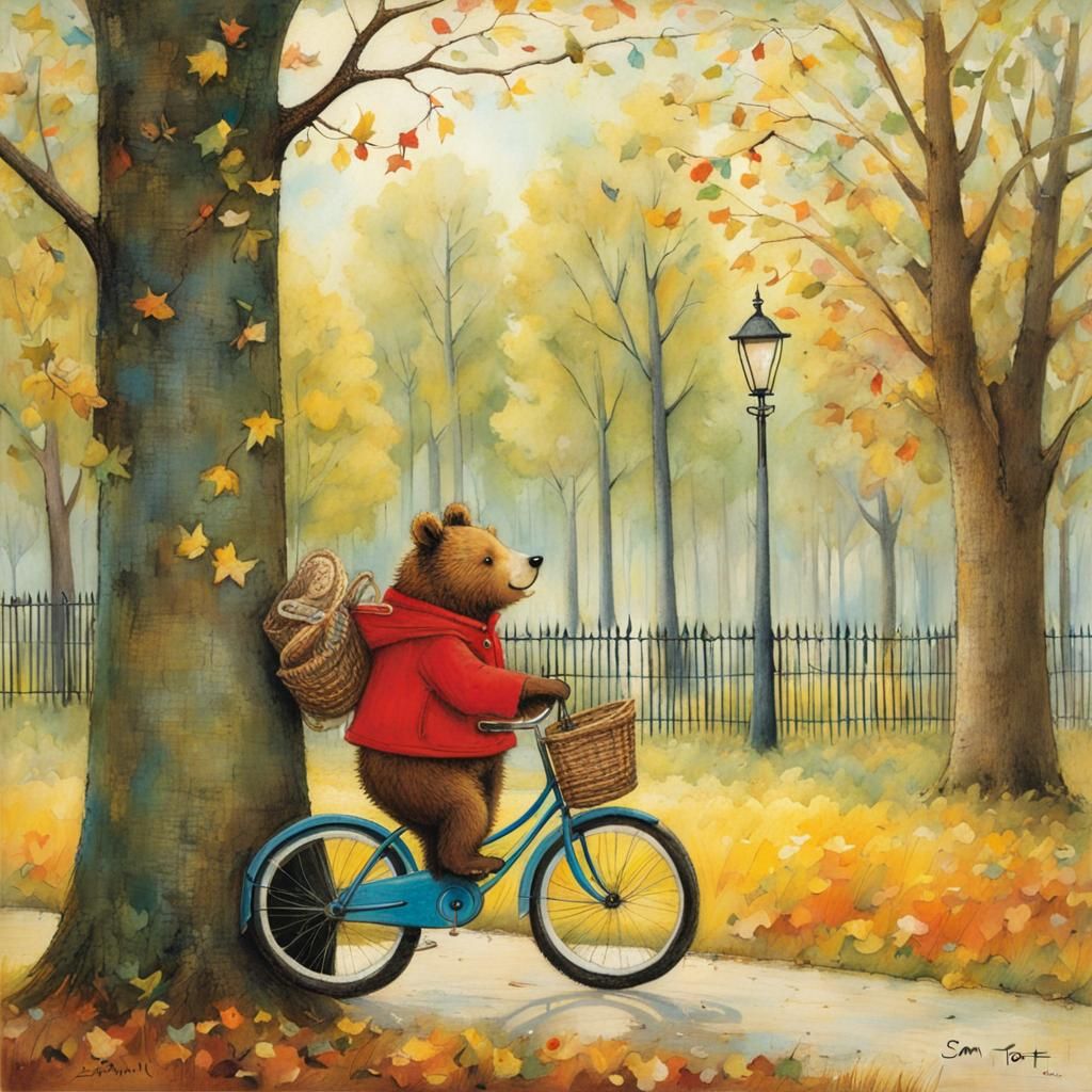 Bear on Bike in Park, Whimsical Illustration