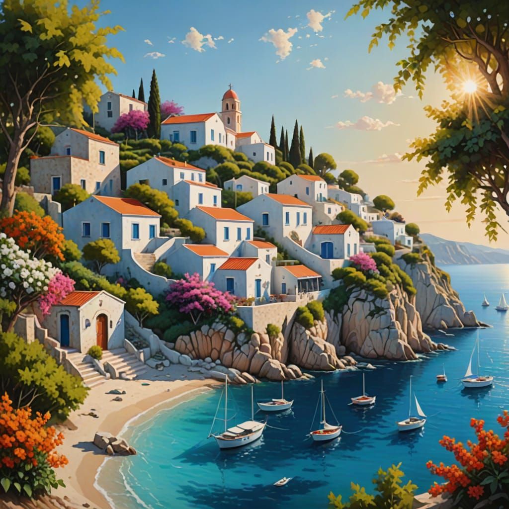 Greek Village Paradise with Vibrant Blooms and Turquoise Sea
