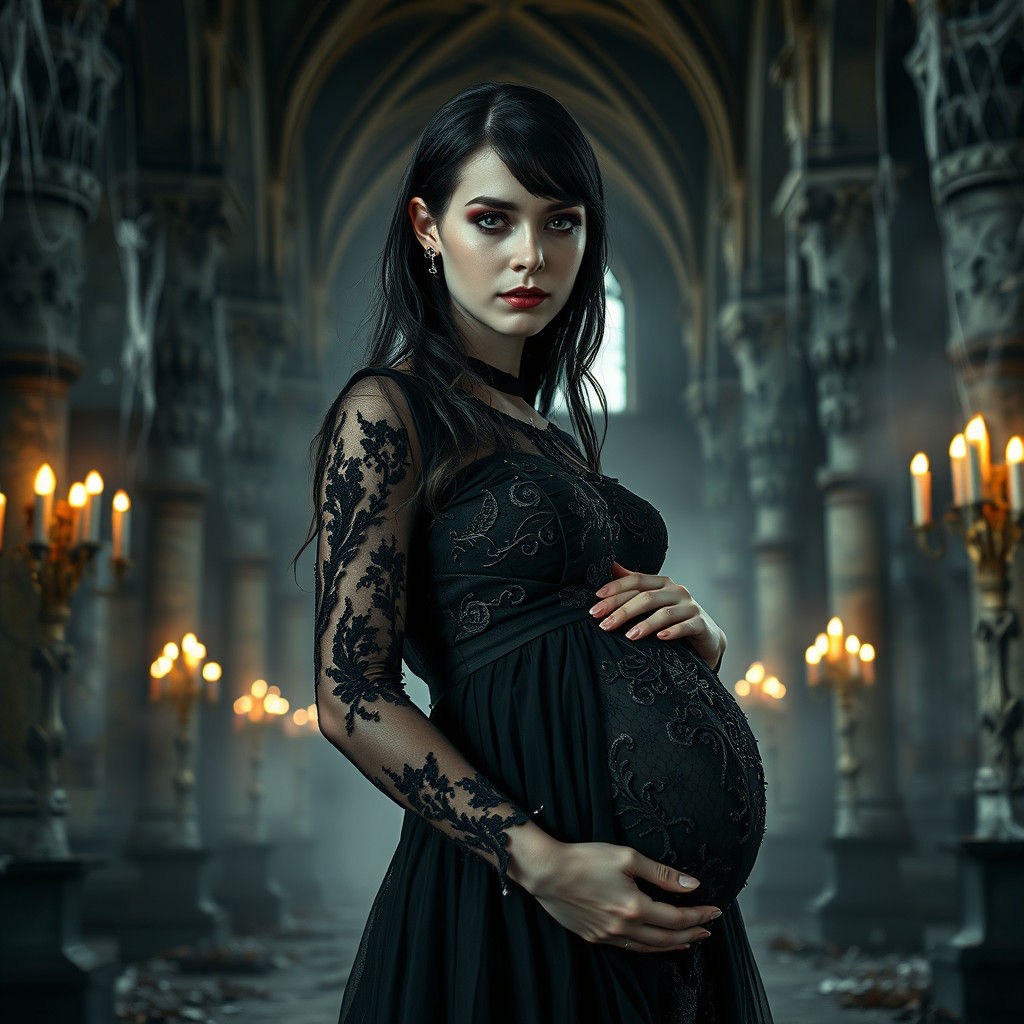 Gothic Woman in Abandoned Church, Hyperrealistic HDR