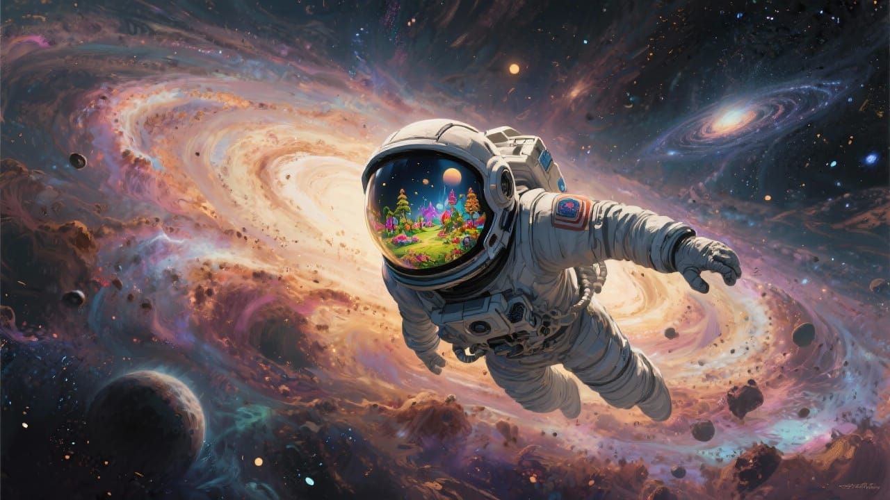 Astronaut Adrift in Nebula, Reflecting Fantasy World