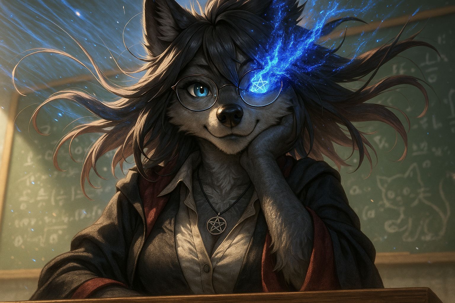Anime Wolf Professor with Shimmering Fur and Witch Robe