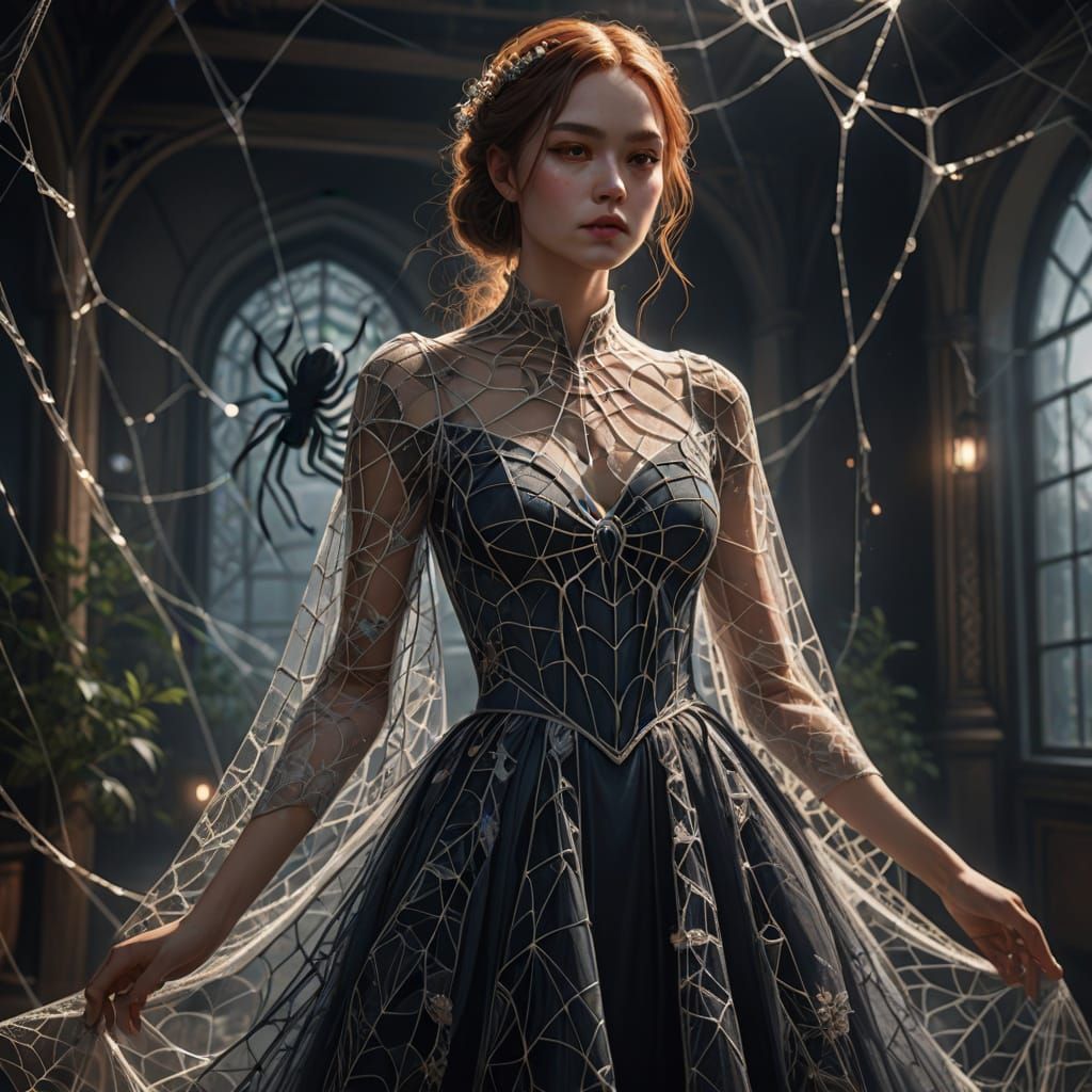 Ethereal Spider Web Dress on Model in Dreamlike Anime Style