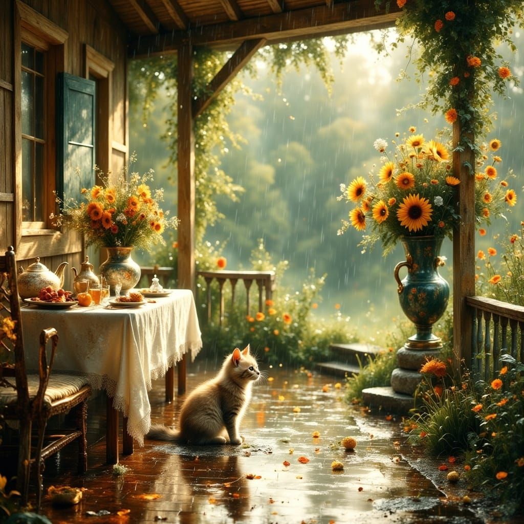 Summer Rain on Veranda with Kitten and Wildflowers